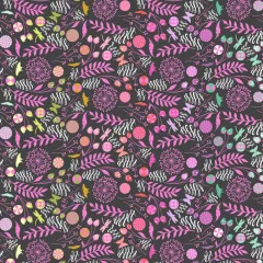 Nahtloses Flächenmuster mit Pusteblumen, Farnzweigen und Schmetterlingen in Pink/Lila auf Schwarz