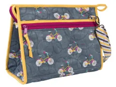 Detailansicht der grauen Stand-up-Tasche mit Fahrrad-Muster und verstellbarem Trageriemen