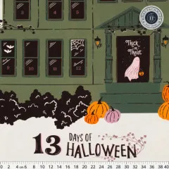 Detail des Halloween-Panels mit Trick-or-Treat-Tür, rosa Gespenst und Kürbissen, Maßband in Zentimetern