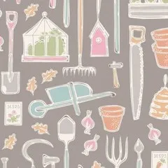 Nahaufnahme-Ausschnitt der Farm-Tools-Illustrationen: Spaten, Gewächshaus, Säge, Tontöpfe und Schubkarre.