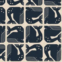 Detailansicht des Grumpy-Whale-Musters mit sichtbarer Canvas-Webstruktur in Navy und Naturbeige.