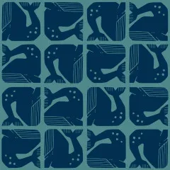 Detailansicht des Grumpy-Whale-Musters mit einzelnen Walsilhouetten in Navy auf Petrol.