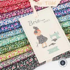 Nahaufnahme des Etiketts Brie Basics mit Mädchenmotiv, Nähmaschine und Blumenstoffen