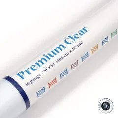 Nahaufnahme des Etiketts 'Premium Clear Vinyl 16-gauge' mit bunten Garnrollen-Symbolen.