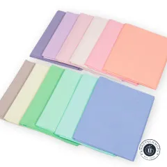 Sechs helle Pastellfarben des Bundles fächerförmig ausgelegt: Flieder, Lila, Rosa, Creme, Pink und Pfirsich.