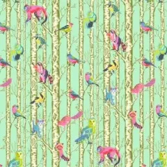 Nahaufnahme der bunten Waldtier-Motive (Vögel, Affen, Eulen, Waschbären) im Family-Tree-Design Enchanted.
