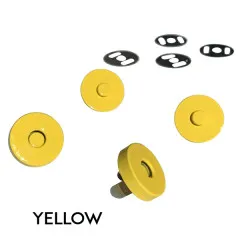 Illustrierte Übersicht der gelben Magnetverschluss-Variante mit Ober- und Unterteilen sowie Unterlegscheiben, Beschriftung Yellow.