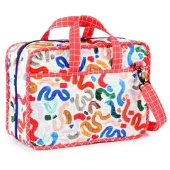 Die genähte Organizer-Tasche in buntem Pinselstrich-Design, geschlossen mit Trageriemen und Reißverschluss.