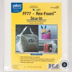 Verpackung des Pellon Flex-Foam Stabilizers diagonal fotografiert mit Produktinfos und Anwendungsbeispielen.