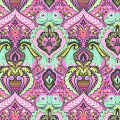 Nahtloses Damast-Flächenmuster mit Froschgesichtern, Herzen und Blättern auf Pink