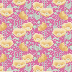 Musterdarstellung des Tilda-Baumwollstoffs „Gardenlife – Poppies“ in Pink mit goldgelben Mohnblumen, Samenkapseln und Blättern auf gepunktetem Hintergrund.