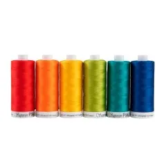 Sechs Rollen Superior Pima Baumwollgarn im Set Brights in Bright Red, Orange, Bright Yellow, Lime, Turquoise und Bright Blue.