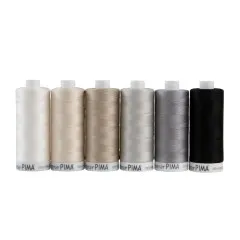 Sechs Rollen Superior Pima Baumwollgarn im Set Neutrals in Natural White, Off White, Beige, Silver, Medium Gray und Black.
