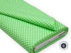 Gefalteter Stoffballen Check Please Moonbeam mit Banderole und Herstelleretikett der Kollektion Untamed.