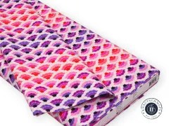 Gefalteter Stoffballen Aquatic Lace Ultraviolet mit Banderole und Herstelleretikett der Kollektion Floral Reef.