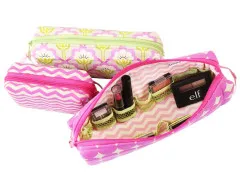 Geöffnetes Etui mit Netzfächern für Lippenstift, Lidschatten und weitere Kosmetikartikel.