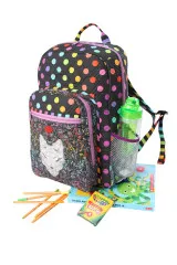 Leader-of-the-Pack-Rucksack in buntem Punktdruck mit Wolfsmotiv, bestückt mit Trinkflasche, Buntstiften und Heften