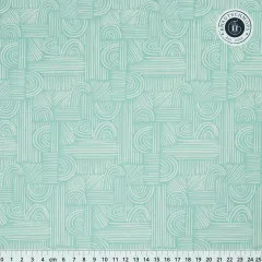 Cur8tor Botanica Moment of Zen Aqua: grafisches Bogen- und Linienmuster in Aqua und Weiß, Gesamtansicht mit Lineal zum Größenvergleich
