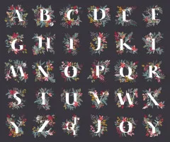 Vollständige Panel-Übersicht mit allen 26 floral verzierten Buchstaben des Alphabets auf anthrazitfarbenem Grund.