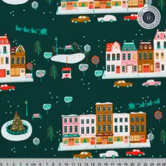 Christmas in the City – Joyful Boulevard Night: winterliche Stadtszene mit festlich beleuchteten Häusern, Autos und Weihnachtsmannschlitten auf dunkelgrünem Fond