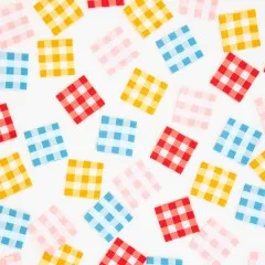 Weitere Nahaufnahme der bunten Vichy-Karo-Weblabels in vier Farbvarianten.