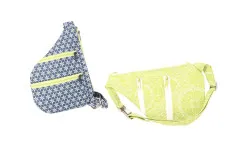 Zwei Taschen flach liegend: links graues Sternmuster mit limettenfarbenen Reißverschlüssen, rechts limettengrünes Ornamentmuster.