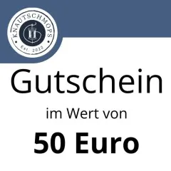 Gutschein im Wert von 50 Euro von Knautschmops.de mit Logo auf blau-weißem Hintergrund