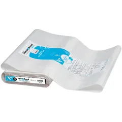 Gefaltete transparente HeatnBond-Bügelvinylbahn mit glänzendem Finish und blauem Produktetikett, im Hintergrund die Rollenverpackung.