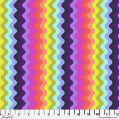 Offizielles Herstellerfoto von FreeSpirit Fabrics mit Zoll-Maßband, zeigt das Wellenstreifen-Design in voller Farbbreite.