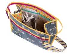 Geöffnete Stand-up-Tasche von oben mit Blick auf Netztaschen, Kabel und Zubehör im Innenraum