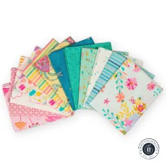 Aufgefächerte Fat Quarter Island Life mit Motiven wie Eis am Stiel, Krabben, Fischen, Streifen und Blumen