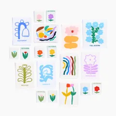 Alle 14 Full-Bloom-Labels im Überblick: florale und abstrakte Motive nach Original-Illustrationen von Claire Ritchie