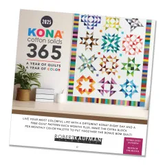 KONA Cotton Solids 365 Wandkalender 2025 mit Sampler-Quilt und Hinweis auf 12 Gratis-Quiltmuster