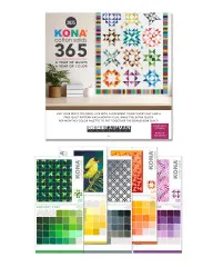 Kalenderblätter des KONA 365 Kalenders 2025 mit Farbpaletten, Quiltmotiven und Monatsübersicht