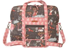 Laptop Carrier in Grau mit Eulenmotiv in Mint und rosa Reißverschlussband, Frontansicht mit Tragegriffen