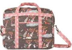 Laptop Carrier in Taupe mit Fuchs- und Hasenmotiv sowie rosa Kordelbindung, Frontansicht mit Reißverschluss-Vortasche