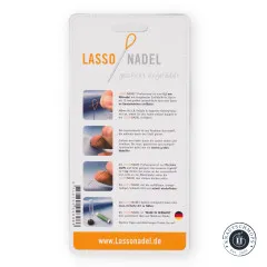 Rückseite der Lasso Nadel Verpackung mit Anwendungshinweisen und Barcode