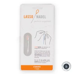 Vorderseite der Verpackung Lasso Nadel Standard 1 mm mit Produktinfos und Einfädelgrafik