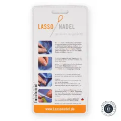 Rückseite der Lasso Nadel Verpackung mit bebilderter Anleitung zum Vernähen von Fäden