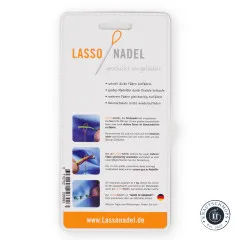 Rückseite der Lasso Nadel Verpackung mit Produktvorteilen, Anwendungsfotos und Barcode