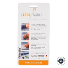 Rückseite der Lasso Nadel Verpackung mit Anwendungsfotos, Hinweisen und Barcode
