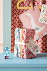 Fat Quarter Bundle dekorativ arrangiert auf einem Regal vor Postkarten mit Gänsemotiv.