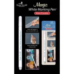 Werbegrafik des Magic White Marking Pen mit freigestelltem Stift, Anwendungsfotos und Verpackung.