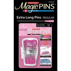 Nahaufnahme einer Magic Pins Extra Long Nadel mit pinkfarbenem Comfort-Grip-Griff vor schwarzem Hintergrund.
