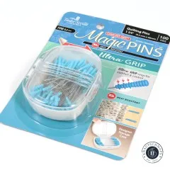 Taylor Seville Magic Pins Ultra Grip in der durchsichtigen Designer-Aufbewahrungsbox, seitliche Ansicht.