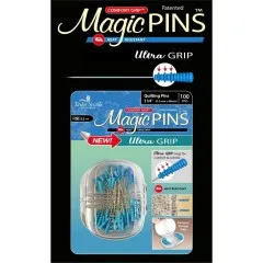 Nahaufnahme einer Magic Pins Ultra Grip Nadel mit blauem Comfort-Grip-Griff vor schwarzem Hintergrund.