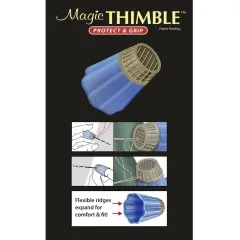 Grafische Illustration des Magic Thimble in Blau auf schwarzem Hintergrund mit Nahaufnahme der flexiblen Rillen