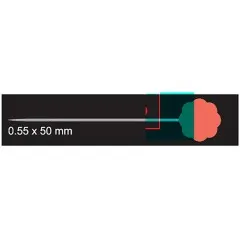 Technische Grafik mit Maßangabe 0,55 x 50 mm und Nadelkopf-Symbol in Rot und Lachs