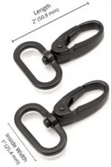 Die beiden Karabinerhaken mit bemaßter Länge (5 cm) und Innenweite (2,5 cm).
