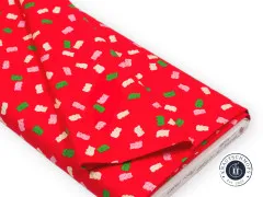 Auf Stoffrolle gefalteter roter Gummibärchen-Baumwollstoff der Kollektion Merry Happy